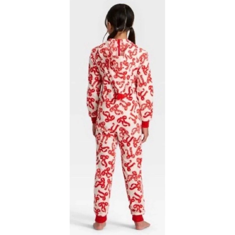 Cat & Jack NWT Girls XL/14 Hooded Union Red/White Candy Cane Bow Fleece Pajamas
